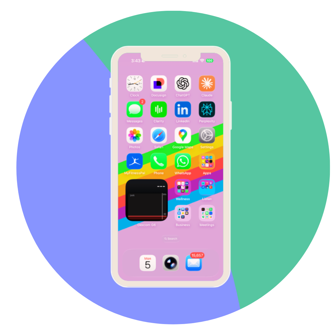 Rose Thun's iPhone home screen showing productivity and AI apps organized on the first page